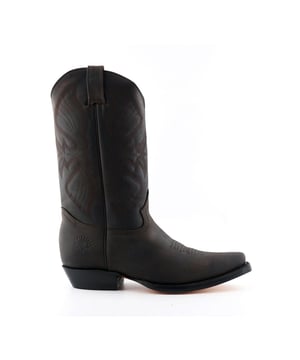 This high leg boot features an abrasion resistant brown leather upper which is embossed with the Grinders logo and includes strong pull loops for ease in slipping the boot on and off. A high-quality detailed pattern is stitched on to the upper and a 1.5” stacked Cuban heel is introduced to compliment the high boot design. This boot was manufactured with a Grinders proprietary sole unit, that has been heat bonded to the welt using the Goodyear method, which is known for increasing the strength of the boot and ensuring durability for years to come. The sole is also fitted with a unique air cushion that allows for added flexibility and which adds to the long-lasting qualities of this boot. • Goodyear Welted sole • Branded leather upper • Luxurious interior leather lining • Stacked 1.5” stacked Cuban heel • Embossed leather Soles • Made in Mexico