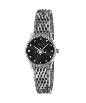 Case: Size: 29mm Thickness: 8mm Material: Stainless Steel Shape: Round Back: Solid Band: Material: Stainless Steel Type: Bracelet Color: Silver-tone Width: 14mm Clasp: Fold Over with Push Button Release Dial: Color: Black Type: Analog Crystal: Scratch Resistant Sapphire Hands: Silver-tone Markers: Index Bezel: Color: Silver-tone Material: Stainless Steel Crown: Brand: Gucci Collection: G-Timeless Gender: Women's Model: YA1265020 Watch Label: Swiss Made Movement: Quartz Features: Water Resistant 50 meters UPC Code: 731903479906