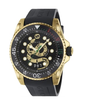 Brand: GUCCIWatch Markers: DotsWater Resistant: 200 MetersRecipient: Men'sMovement: QuartzCase Material: Stainless Steel & PVD Yellow GoldDial Colour: BlackStrap Material: LeatherDiameter: 45mmBrand Collections: Gucci Dive