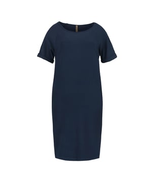 Este vestido estilo saco en azul marino está confeccionado en tejido Punto di Roma. Tiene un escote redondo y mangas cortas. El vestido tiene bolsillos internos. La prenda llega por debajo de la rodilla.