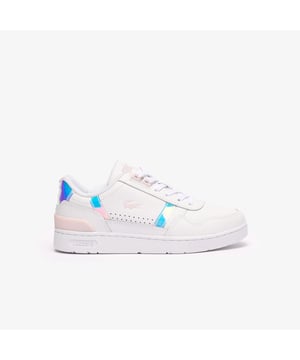 A modern mood and 80’s detailing elevates the T-Clip trainers. The low-top shoes feature smooth leather uppers  holographic accents and a rubber outsole  while the iconic Lacoste crocodile is debossed for an instantly recognisable touch. Timeless and easy to style  they're a stylish addition to every new-season wardrobe. • Court sneaker • Leather upper with holographic hits • TPU heel tab and side bars • Pink crocodile logo printed to side • Holographic aglet • Rubber outsole