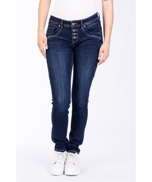 Five-Pocket-Jeans mit mittelhohem Bund. In Skinny-Fit und verwaschener Optik. Button-Fly vorne mit Metallknöpfen und hellen Kontrastnähten.