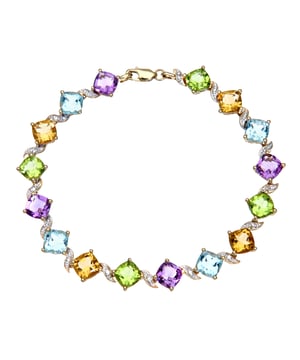 9K (375) geel goud: 10 gram; # Diamant: 0,1 ct; # Amethist, blauwe topaas, citrien en peridoot: 16,21 ct