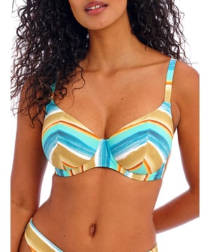 Freya Castaway Island Underwired Plunge Bikini Top. Plunge swimwear top with watercolour stripe print, lined underwired cups and adjustable straps. This product is recommended as hand wash only.