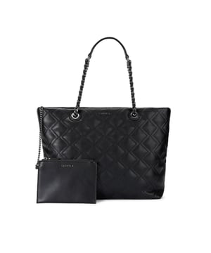 This Carvela Rosa Chain Tote Bag features a black leather alternative exterior with diamond quilting detail. There are two shoulder straps which have gunmetal chain detail to match the branding on the front of the bag. Dimensions: 29cm (H), 34cm (L), 12cm(D). Strap length: 57cm.