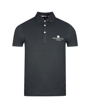 Aquascutum London Bold Logo Black Polo Shirt. Aquascutum Black Polo Shirt. Branded Logo, Short Sleeves. Stretch Fit 95% Cotton 5% Elastane. Regular Fit, Fits True To Size. Style Code: QMP041 99