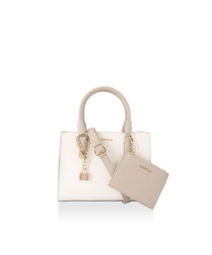 The Carvela Mini Latte crossbody bag arrives in bone with two taupe top handles or optional cross body strap. There is a branded metal lock charm as well as optional purse charm. 19cm (H), 25cm (L), 8cm (D). Strap drop cross body: 130cm. Top handle drop: 33cm.