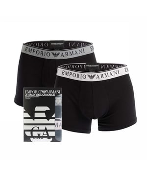 Mens Emporio Armani 2 Pack of Trunks in black.- Branded elasticated waistband.- Stretch fabric.- 95% Cotton  5% Elastane.XS = 27-29inS = 30-32inM = 32-34inL = 34-36inXL = 37-39inXXL = 39-41in- Ref: 11176942017020We regret that underwear is non-returnable due to hygiene reasons.