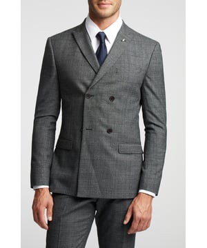 Our Sagan suit jacket is here to make your formalwear look as sharp as ever. Crafted in luxurious wool blend with a charcoal blue pow check design, this double breasted slim fit jacket will make for a smart addition to your wardrobe. Complete with signature Ted Baker floral lining and a delicate leaf lapel pin, for guaranteed comfort and elegance.