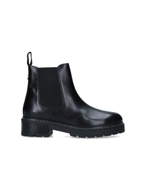The Taken Chelsea boot features a black upper in leather. The back of the ankle features a small pull tab and silver toned Icon C. Sole height: 40mm.