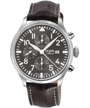 Gevril 47102-1 Men's Vaughn Chronograph Swiss Automatic Watch

Gevril Men's Swiss Automatic Chronograph Watch from the Vaughn Collection
44 mm Round 316L Stainless Steel Case, Grey Dial, Chronograph with 3 sub -dials 1/8-seconds counter, 30-minutes counter, 12-hours counter
Case back 4 screws, Push/Pull crown, Polished Bezel, Satin Case
Limited Edition 001/500
Genuine Brown Italian Handmade Strap with Tang Buckle
Anti-reflective Sapphire Crystal
Water Resistant to 50 Meters/5ATM
Swiss Automatic Chronograph Movement ETA7750
