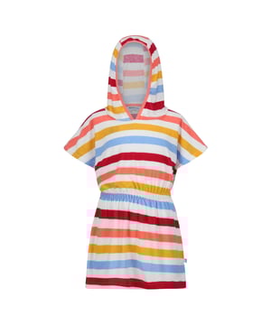 Material: 100% Polyester. Fabric: Towelling. 220gsm. Design: Contrast Striped. Fabric Technology: Quick Dry. Elasticated Waist. Neckline: Hooded. Sleeve-Type: Cape Overlay. Hood Features: Grown On Hood, Stretch Binding. Sustainability: Made from Recycled Materials.