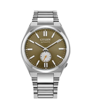 This Citizen Tsuyosa Analogue Watch for Men is the perfect timepiece to wear or to gift. It's Silver 40 mm Round case combined with the comfortable Silver Stainless steel watch band will ensure you enjoy this stunning timepiece without any compromise. Operated by a high quality Automatic movement and water resistant to 5 bars, your watch will keep ticking. The "Tsuyosa" Small Second Automatic brings ultramodern all-purpose styling right to your wrist. This Analogue watch has a function: Luminous Hands and Luminous Numbers High quality 21 cm length and 22 mm width Silver Stainless steel strap with a Deployment clasp Case diameter: 40 mm,case thickness: 12 mm, case colour: Silver and dial colour: Green