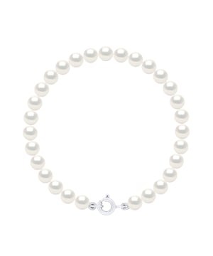Bracelet of Real Cultured Freshwater Pearls Round 5-6 mm - COLOR NATURAL WHITE - with Spring Ring Clasp Ergonomic White Gold 750 - Length 18 cm- Delivered with Certificate of Authenticity and International Guarantee -MADE IN FRANCE