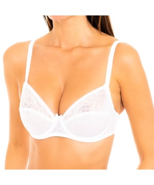 Feminine Dim bra 
 White color 
 Cups with rings. 
 Elastic and adjustable straps. 
 Rear closure with three position brackets. 
 Lace cups 
 Seams seen in tone. 

 Composition: 
 -77% Polyamide - 23% Elastane 

 Cares: 
 - Handwash. 
 - Do not bleach. 
 - Do not use dryer. 
 - Do not iron. 
 - Do not dry clean. 

 Composition: 77% Polyimide, 23% Elastane
 Care:
Handwash.
 - Do not use bleach.
 - Do not use dryer.
 - Do not iron.
 - Do not dry clean.
 - Do not iron.
 - Do not dry clean.
