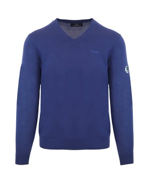Aquascutum Blue Jumper, 100% Cotton, Small Branded Badge On Left Sleeve, Made In Bangladesh, Blue Jumper V-Neck
