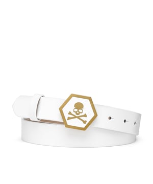 Cinturón de cuero. Hebilla de metal con el icónico Skull&Bones en el hexágono. Forro de cuero. Altura: 3 cm.