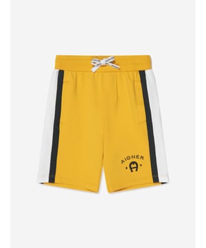 Aigner project unparalleled craftsmanship into their equestrian designs. These boys old gold shorts capture the label's passion for timeless concepts with an innovative twist. Made in stretchy jersey, they have stripes down the sides and an elastic drawstring waist to ensure comfort and style. The beautiful shorts are complete with an embroidered horse shoe 'Aigner' logo. Pockets  Elastic Drawstring  Elasticated Waistband Brand Tag 'Aigner' Embroidered Logo Cotton 95% Elastane 5%Aigner : Kids Size4Y: 40" / 104cm 5Y: 43" / 110cm6Y: 45"/ 116cm8Y: 50" / 128cm10Y: 55" / 140cm12Y: 59" / 152cm14Y: 64" / 164cm