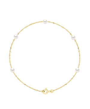 Armband – 5 echte Süßwasser-Zuchtperlen rund 4–5 mm – FARBE NATÜRLICHES PERLENWEISS – Kette Singapur-Gelbgold 750 – Federringverschluss – Länge 18 cm – Lieferung mit Echtheitszertifikat und internationaler Garantie – HERGESTELLT IN FRANKREICH –