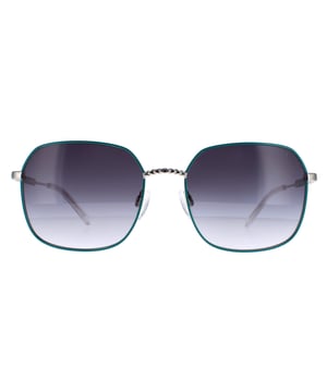Elle Square Womens Green Blue Grey Gradient 14911  Sunglasses are a modern square design that effortlessly combines elegance with a touch of edginess. The frame is expertly crafted from high-quality metal, ensuring durability and a comfortable fit that lasts all day. The Elle logo features on the slender temples for brand recognition.