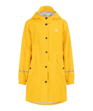 Material Füllung: keine/nicht relevant; Beschichtung: 100 % Polyurethan; Material der Fliege: 100 % Polyester; keine Kordel/Zugschnur  Dieser Regenmantel von Schmuddelwedda Kids beweist, dass praktische Kleidung auch richtig hübsch sein kann. Denn gefertigt ist der Mantel aus einem beschichteten Material, das weder Wasser noch Wind durchlässt, kritische Nähte sind allesamt versiegelt. Eine durchgehende Druckknopfleiste bietet ebenso viel Schutz wie die lichtreflektierenden Streifen am Ärmel. Ein weiches Jersey-Melange-Futter sorgt in der Innenseite für Tragekomfort. Doch damit nicht genug: Die kleinen Falten auf der Vorderseite und die großen Kellerfalten mit Schleife auf der Rückseite setzen modische Akzente. Verspielte Blümchendruckknöpfe und die Logo-Prints runden den Look der Regenjacke ab.  Regenmantel