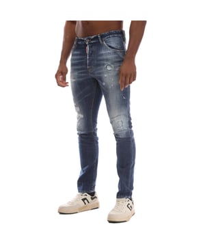 Heren DSquared2 Cool Guy Skinny-Fit Jeans in blauw.- Knoopsluiting.- Vijf zakken.- Riemlussen.- Distressed.- Dsquared badgeprint op de achterkant.- Skinny fit.- 99% Katoen 1% Elastane.- Ref: S74LB1585470