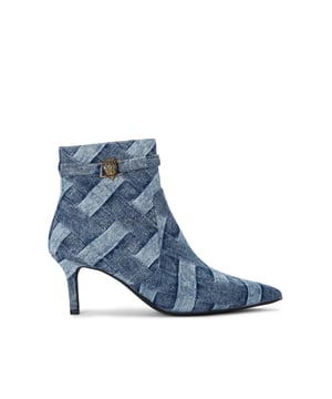 This Kensington Flexi Ankle boot features a denim bleached weave upper with pointed toe. There is an antiqued brass eagle head on the slim ankle strap. The sole has added flexibility for a unique comfort. Heel height: 6.5cm. Inner side zipper.