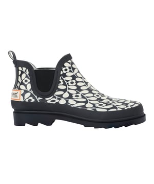 Upper: Vulcanised Rubber, Waterproof. Lining: Cotton, Soft. Insole: EVA, TECFOAM. Outsole: Lug Sole, Rubber. Ankle Gusset, Pull Tab. Low Heel. Cut: Ankle. Design: All-Over Print, Jasmine Flower. Toe Style: Round. Fastening: Pull-On.