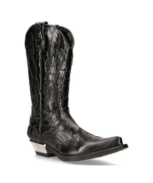 Estas botas, confeccionadas con piel de vaca de primera calidad, tienen la silueta clásica de un vaquero para ofrecer un estilo icónico y vanguardista. Con una caña alta y una punta puntiaguda, esta pieza mantiene las características que hicieron famosas a las botas de vaquero, pero también presenta giros creativos que elevan esta pieza. Este estilo aparece con un diseño texturizado distintivo que le da a esta pieza un toque vintage que contrasta maravillosamente con la introducción de un tacón metálico que irradia un estilo más contemporáneo. Para mayor comodidad, New Rock ha introducido un forro de cuero suave en el interior y, para lograr un aspecto distintivo, ha elevado el tacón, lo que da como resultado una apariencia atrevida que redondea esta pieza. • Altura del tacón: 4 cm • Altura de la plataforma: 1 cm • Altura de la caña: 25 cm • Material exterior: piel de vaca