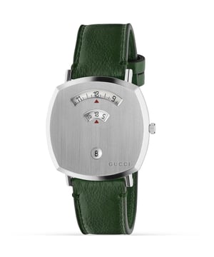 Spezifikation Details Marke Gucci Modell YA157412 Barcode Nummer 731903472792 Geschlecht Unisex Gehäusedurchmesser 35 mm Gehäusematerial Stahl Gehäusefarbe Metallic Grau Zifferblattfarbe Silber Bandmaterial Lederband Farbe Grün Uhrwerk Quarz Chronograph Nein Wasserdichtigkeit 3 ATM