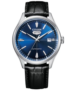 This Citizen  Analogue Watch for Men is the perfect timepiece to wear or to gift. It's Silver 40 mm Round case combined with the comfortable Black Leather watch band will ensure you enjoy this stunning timepiece without any compromise. Operated by a high quality Automatic movement and water resistant to 5 bars, your watch will keep ticking. Classic and charming  watch perfect for every person who likes to be the centre of attention. -The watch has a calendar function: Day-Date, Luminous Hands High quality 21 cm length and 20 mm width Brown Leather strap with a Buckle Case diameter: 40 mm,case thickness: 13 mm, case colour: Silver and dial colour: Blue
