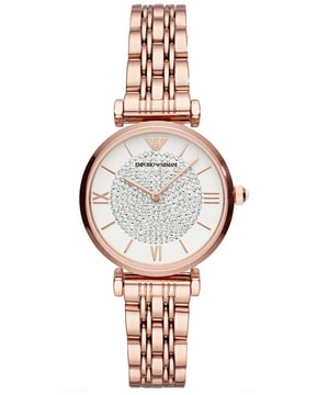 This Emporio Armani Gianni T-bar Analogue Watch for Women is the perfect timepiece to wear or to gift. It's Rose Gold 32 mm Round case combined with the comfortable Rose Gold Stainless steel watch band will ensure you enjoy this stunning timepiece without any compromise. Operated by a high quality Quartz movement and water resistant to 3 bars, your watch will keep ticking. Classic and charming  watch perfect for every lady who likes to be the centre of attention. High quality 19 cm length and 14 mm width Rose Gold Stainless steel strap with a Deployment clasp Case diameter: 32 mm,case thickness: 8 mm, case colour: Rose Gold and dial colour: White