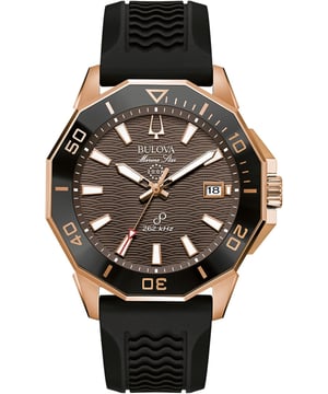 This Bulova Marine Star Analogue Watch for Men is the perfect timepiece to wear or to gift. It's Rose Gold 44 mm Round case combined with the comfortable Black Rubber watch band will ensure you enjoy this stunning timepiece without any compromise. Operated by a high quality Quartz movement and water resistant to 20 bars, your watch will keep ticking.