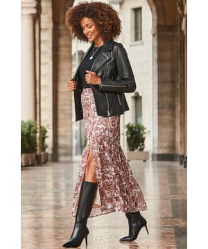 Boho chic is back Soft floaty fabric spun with shimmering metallic threadTiered hem swishes beautifully Side split for added sexiness Style with Western vibes for an on-trend lookAdd edge with a leather biker