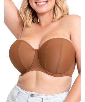 Curvy Kate Luxe Strapless Moulded Bra. Multiway strapless bra with an inner side sling, foam lining, wide hook and eye back band offering a round and uplifted fit. The product is recommended for hand wash only.