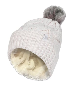 Like the original Heat Holders ladies pom pom but with a modern styled knit, this Solna styled hat like the original aims to keep you cosy and warm whilst keeping you fashionable with their contemporary style and knit. These womens pom pom hats have a fleece plush insulation lining, called Heatweaver, that is even more effective at holding warm air than any regular lining. This thermal lining is designed to be soft with a luxurious fleece feel (it almost feels like your touching the golden fleece) whilst holding warm air close to your skin, effectively keeping the cold air out. All of this is designed to ensure that you are toasty warm throughout the cold weather. This pom pom hat has a turn over cuff and a large faux fur fluffy pom pom on the top of the hat. This hat has a cable knit construction on its outer to give a fashionable touch. These ladies Solna hats are also to be considered the most slouch like out of all of Heat Holders’ range of thermal hats. These ladies Heat Holders Solna styled pom pom hats are available in 7 colours including cream, denim and light grey. They are made from 55% Polyester, 45% Acrylic on the outside of the hat and the lining is made from 100% Polyester. They come in one size and they are machine washable.