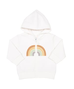 New! When cooler weather comes knocking your little one will love to throw on our rainbow hoody. This snuggly cream number is made from brushed organic cotton with a jersey lined hood for extra cosiness.