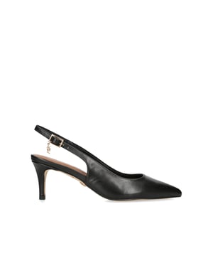 This Kurt Geiger Holland Kitten heel features a sleek black leather upper with slingback ankle strap. There is a gold tone KGL charm on the adjustable buckle. Heel height: 60cm.