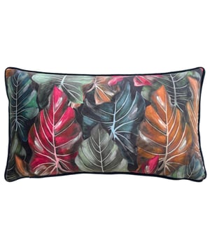 Add a touch of the tropics to your home furnishings with the Mogori Leaf cushion. Its printed luxury velvet front design features bright botanical leaves in various vivid colours, set on a contrasting background. Finished with a plain velvet reverse, contrast piped trim and a zip fastening.