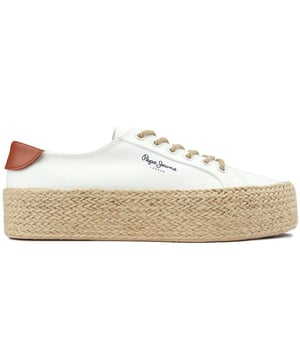 Embrace Your Summer Style With These Fantastic, Natural Cotton Canvas Trainers Kyle Classic. They Feature A Sustainable Cotton Upper With A Contrast Heel Tab. These Lace-up Beauties Are Built On An Espadrille-style, Natural Jute Rope Platform Sole, Giving You Extra Height And A Breezy Look. The Slip-resistant Outsole Provides A Sturdy Stride, And The Heat-sealed Pepe Jeans Logo On The Side Showcases Its Heritage.