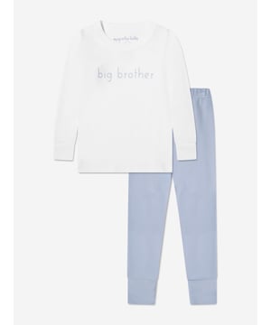 Magnolia Baby incorporate fine detailing and impeccable construction into their beautiful aesthetics. This baby boys blue pyjama set captures the label's distinctive high quality. Both presented in Pima cotton. The top features blue stitched 'Big Brother' detail whilst the leggings come with an elasticated waistband.  Two Piece Set  Top: Long Sleeves, Ribbed Trims Leggings: Ribbed Cuffs  100% Pima Cotton