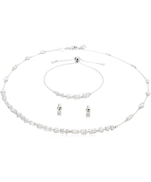 This Swarovski Set: Bracelet + Earrings + Necklace in Silver is made of the highest quality allergy free Base Metal. The Swarovski 'Mesmera' Women's Base Metal Set: Bracelet + Earrings + Necklace - Silver 5665877 comes delivered in a beautiful gift box and has a two year warranty - the perfect gift to spoil yourself or a loved one.