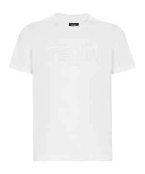This Fendi T-Shirt worn by Quando Rondo in the 'I Thought' music video features a white cotton knit; short sleeves; ribbed crewneck; plain/design-less back; regular fit; &amp; a white embroidered outline 'FENDI' logo across the chest, with white zig-zag/ajour embroidered inside the lettering.