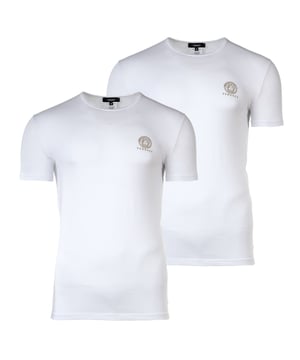 Zwei hochwertige Herren Unterhemden der Marke VERSACE. Elastische Baumwoll-Jersey Qualität, mit goldenem VERSACE-Logo-/Medusa-Print.