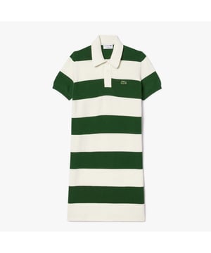 Gestreepte Lacoste French Made Polo Dress voor dames- Biologisch katoen- Geribbelde polokraag- Effen knopenlijst- 3 gumknopen- Geborduurde krokodil op borst- 100% Katoen.  Machinewasbaar - Ref: EF6919-X0N