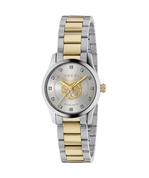 Brand: GUCCI Water Resistant: 30 MetersRecipient: Women Movement: Quartz Case Material: Stainless Steel Dial Colour: Silver Strap Material: Stainless Steel & PVD Yellow Gold Diameter: 27mm Brand Collections: G-Timeless