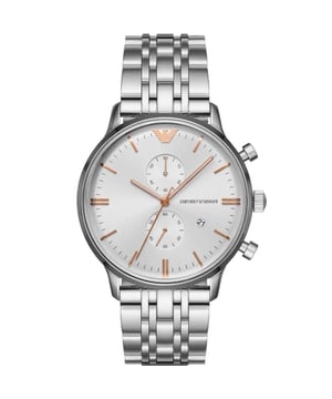 Merk: Emporio ArmaniModelnummer: AR1933Case Breedte: 43mmCase Lengte: 43mmCase Materiaal: Roestvrij staalCasusvorm: Cirkelvormig Beweging: Quartz (Batterij)Kleur wijzerplaat: Zilver Materiaal band: Kleur band: ZilverSluiting Type: ButterflyCaseback: MassiefKroon: Push/PullWaterbestendigheid: 50 MeterFuncties: Chronograaf