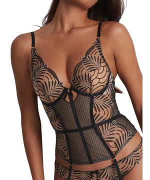 Aubade Hypolove Basque. With underwired, non padded sheer cups. Matching stockings are available. This product is recommended as hand wash only.