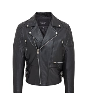 Introducing the Men's Biker Leather Jacket, a stylish nod to the classic Brando look. Crafted from durable cowhide, this striking jacket channels the iconic style made famous by Marlon Brando in "The Wild One." It features a chunky chrome YKK zip front over a double-breasted block with wide notched lapels. The diamond quilt-stitched panels on the shoulders and elbows provide extra protection, while zipped gauntlet cuffs allow for glove room. Inside, you'll find a quilted satin lining with two leather-trimmed pockets, one of which is zipped.

Slim Fit
Studded Lapels
Genuine 100% Leather
3 External Zipped Pockets, Two internal pockets
Off Centre Zip Fastening