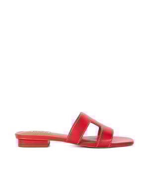 Stay smart and stylish this summer with Dune London's Loupe slider sandal. Featuring a cut out design with contrast stitching and a low block heel. An open sandal toe and resin sole complete the striking shoe.